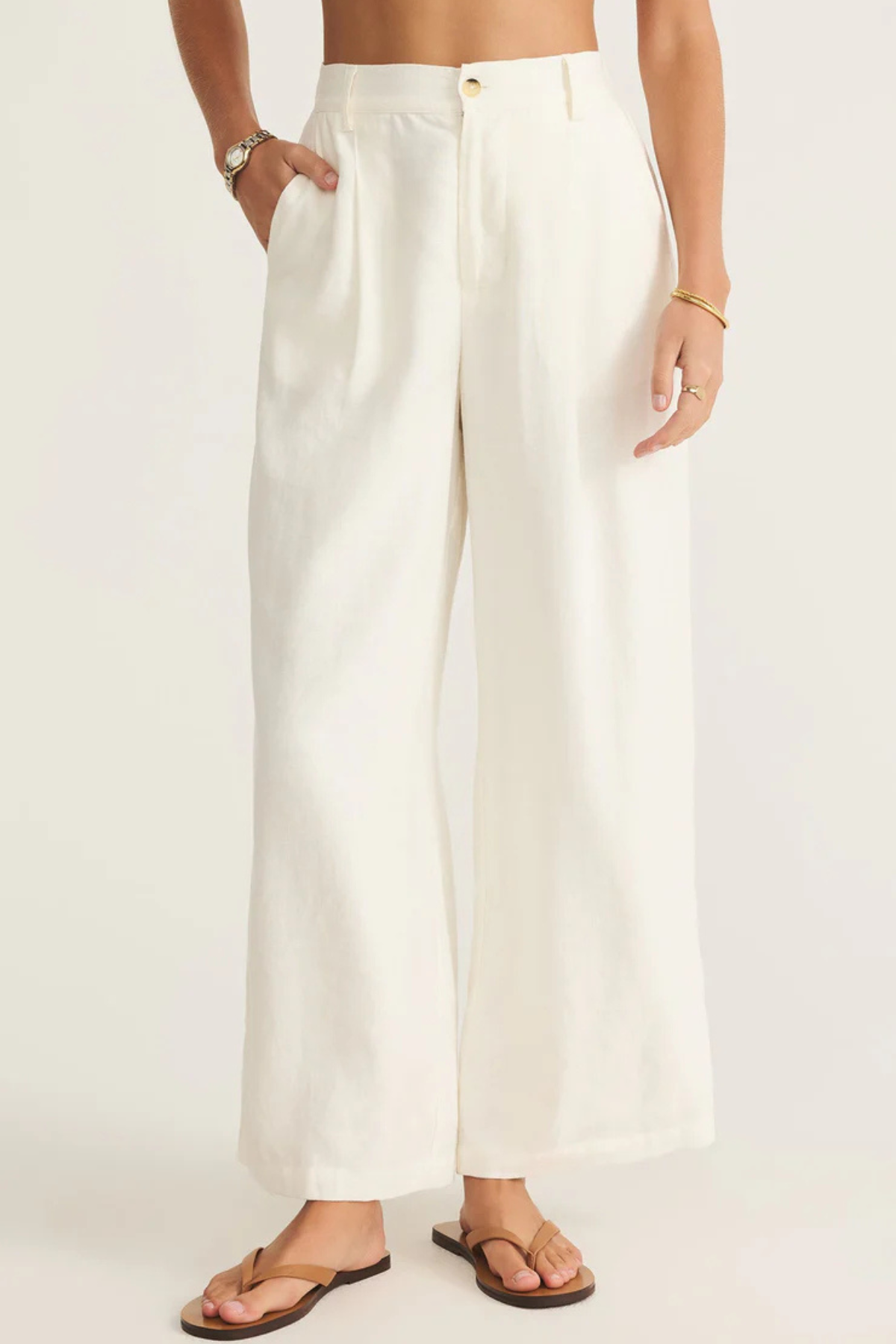 【MODERNIF】Sharp Linen Wide Banding Pants Cloth & Stone Stripe Linen Blend Ruffled Waistband Wide Leg