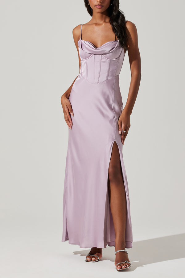 ASTR THE LABEL - CANNES SATIN BUSTIER MAXI DRESS SILVER LILAC