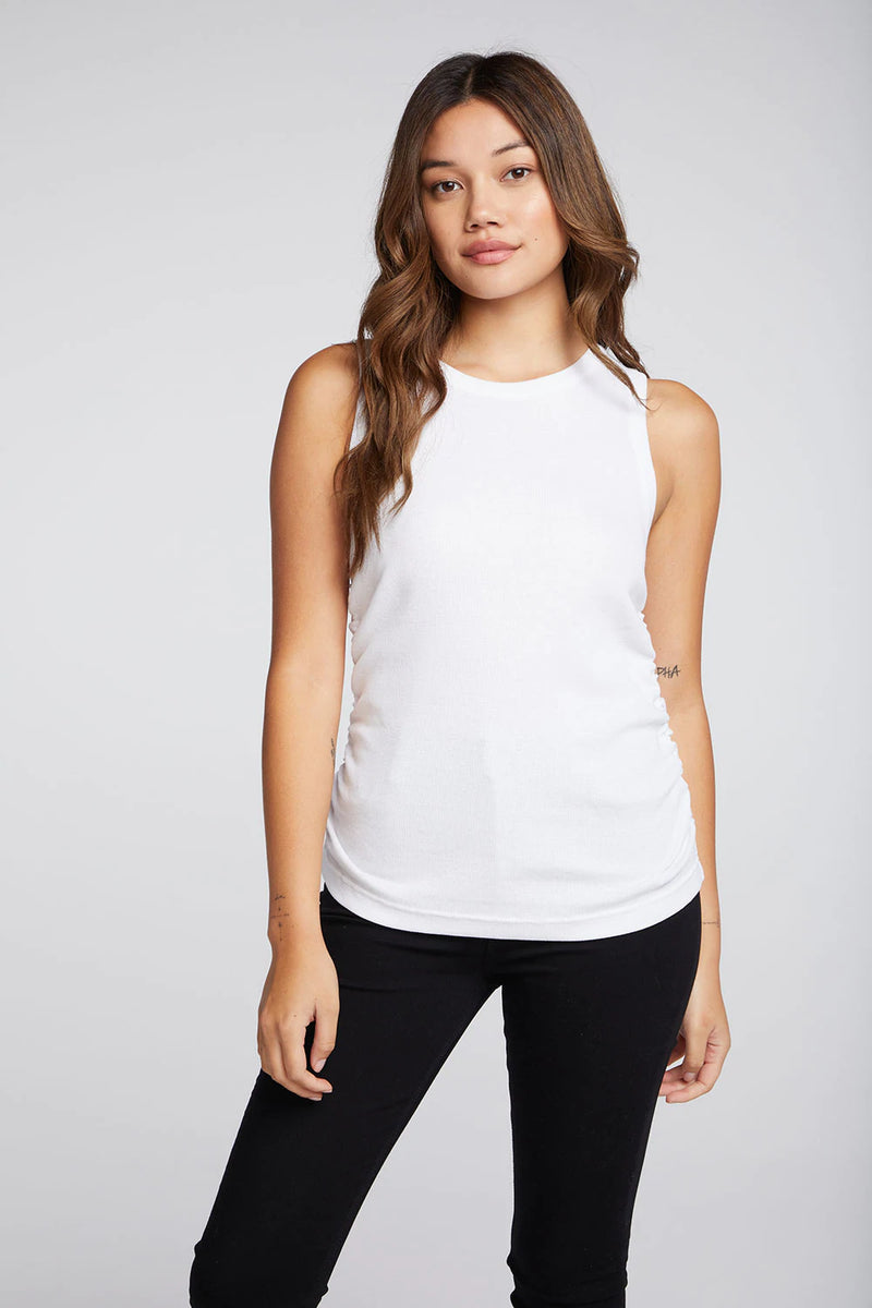 CHASER BRAND - RECYCLED VINTAGE RIB SHIRRED CREW NECK MUSCLE TANK