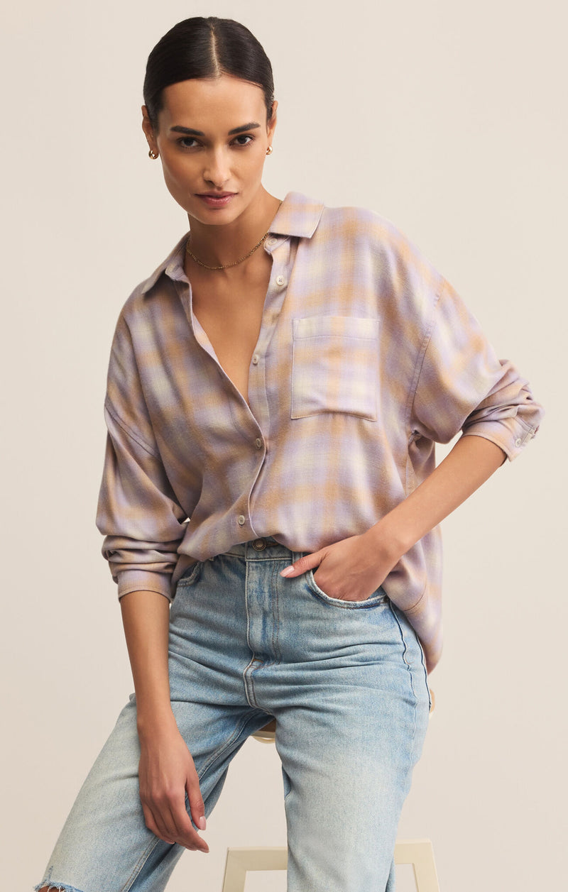 Z SUPPLY - RIVER PLAID BUTTON UP LAVENDER ICE