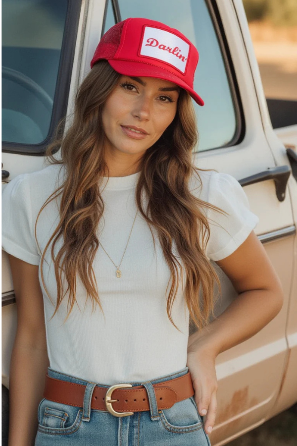FRIDAY FEELIN - DARLIN TRUCKER HAT RED