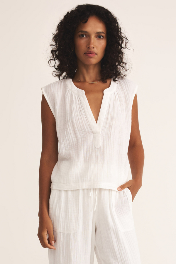 Z SUPPLY - CLIFFSIDE V-NECK AIRY GAUZE TOP WHITE