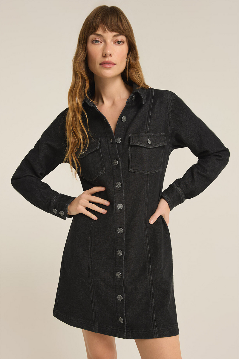 Z SUPPLY - CANDICE PERFECT KNIT DENIM DRESS BLACK SAND swirlboutique Z SUPPLY - CANDICE PERFECT KNIT DENIM DRESS BLACK SAND swirlboutique