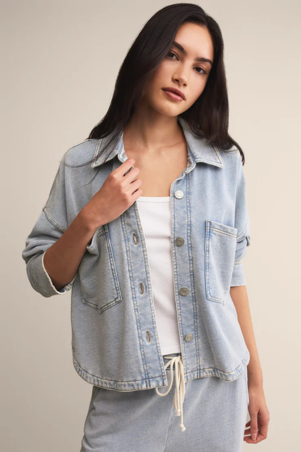 Z SUPPLY - ALL DAY CROPPED KNIT DENIM JACKET WASHED INDIGO