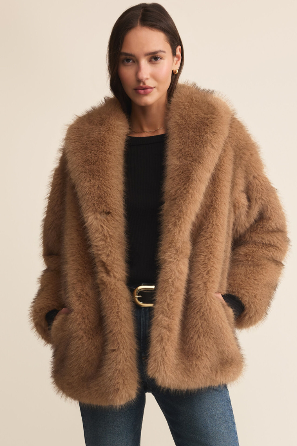 Z SUPPLY - LOGAN FAUX FUR COAT CARAMEL