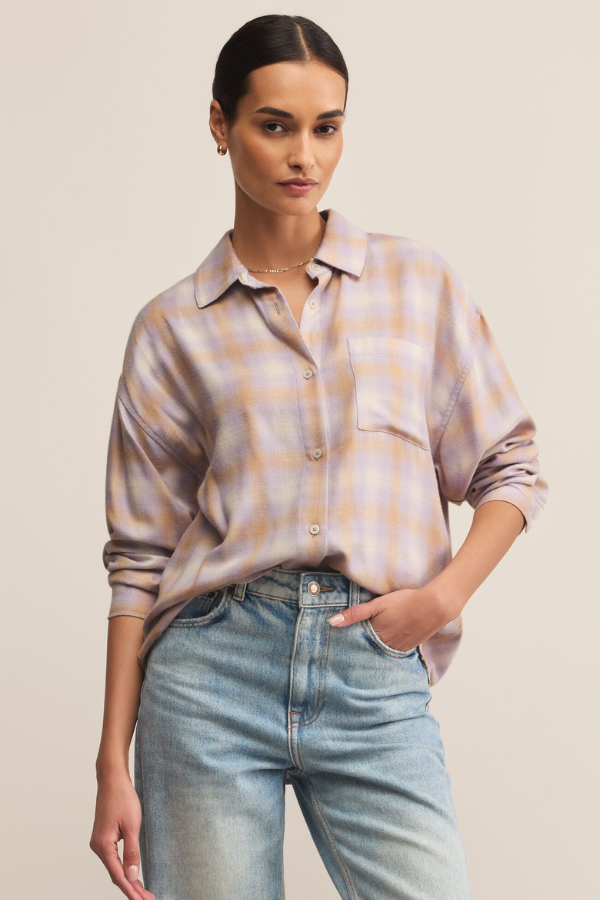 Z SUPPLY - RIVER PLAID BUTTON UP LAVENDER ICE