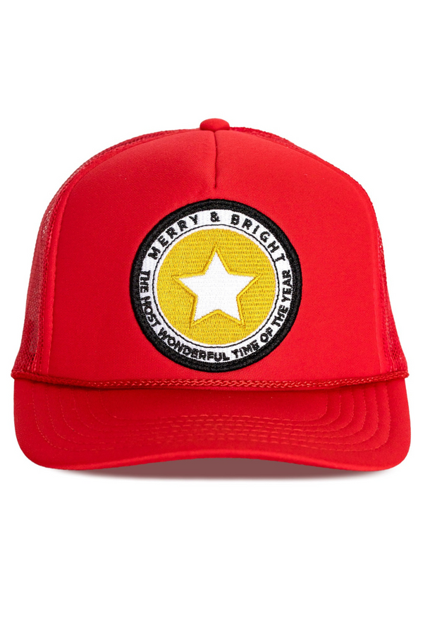 FRIDAY FEELIN - MERRY AND BRIGHT TRUCKER HAT RED