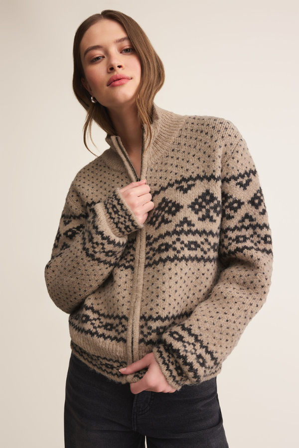 Z SUPPLY - BISMARCK FAIR ISLE ZIP CARDIGAN SMOKED HEATHER