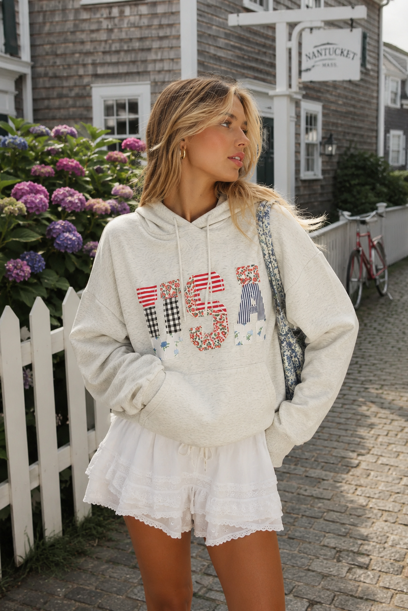 SWIRL EXCLUSIVE - USA HAND STITCHED PATCHWORK HOODIE LIGHT OATMEAL