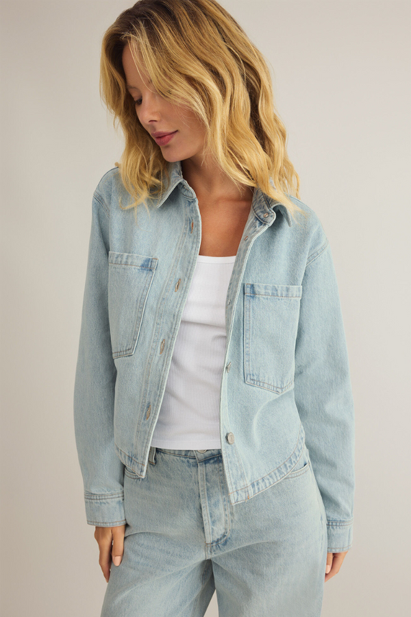 Z SUPPLY - ALL DAY CROPPED KNIT DENIM JACKET FADED INDIGO