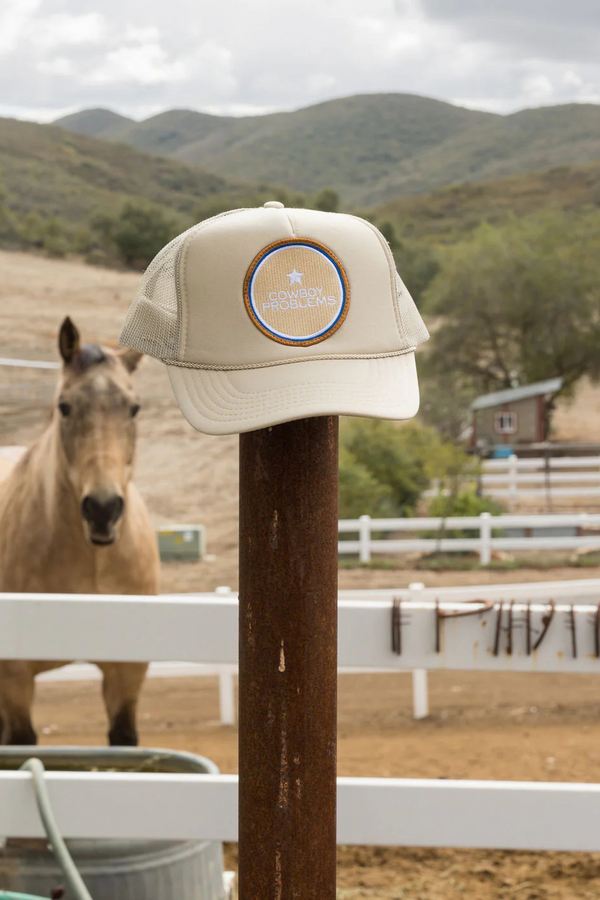 FRIDAY FEELIN - COWBOY PROBLEMS TRUCKER HAT TAN