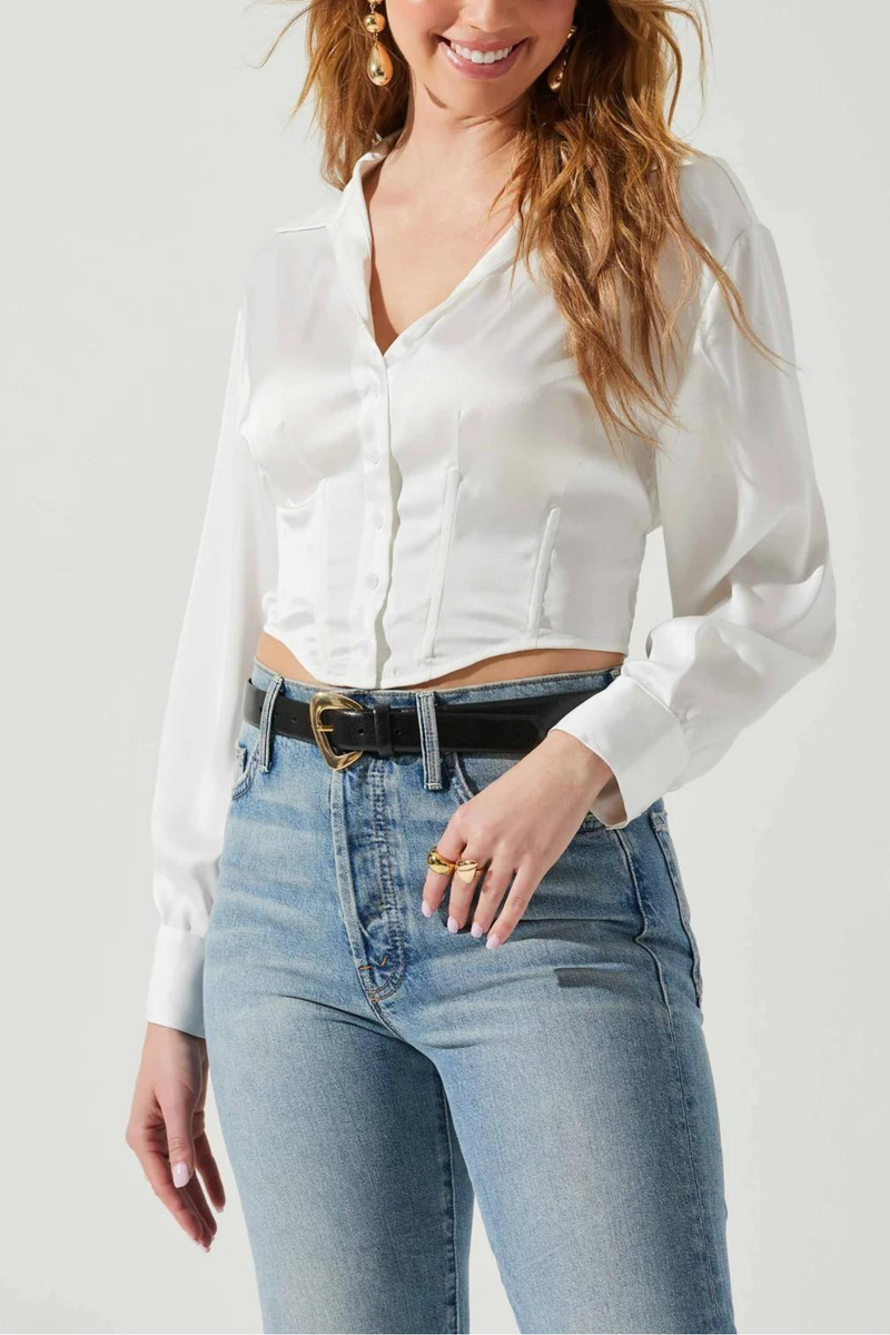 ASTR THE LABEL - MILLIE CROPPED BUTTON UP SATIN TOP