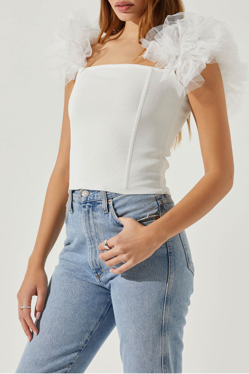 ASTR THE LABEL - CALLA OFF SHOULDER TULLE SLEEVE SWEATER WHITE