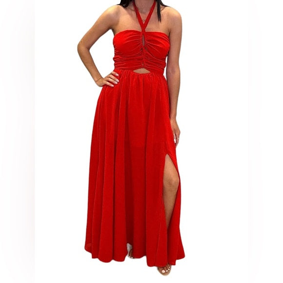 GP FEATHER - CUT OUT HALTER MAXI DRESS