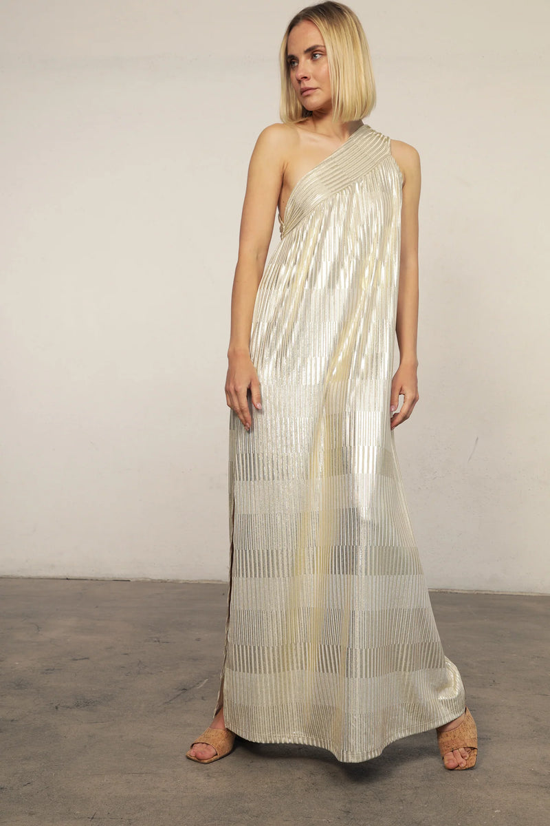NIGHTCAP - GRECIAN LAMÉ ONE SHOULDER GOWN SILVER