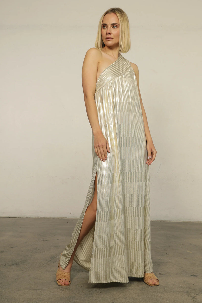 NIGHTCAP - GRECIAN LAMÉ ONE SHOULDER GOWN SILVER