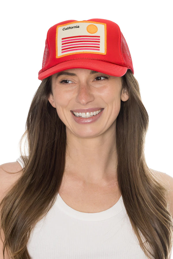 FRIDAY FEELIN - CALIFORNIA STRIPED TRUCKER HAT RED