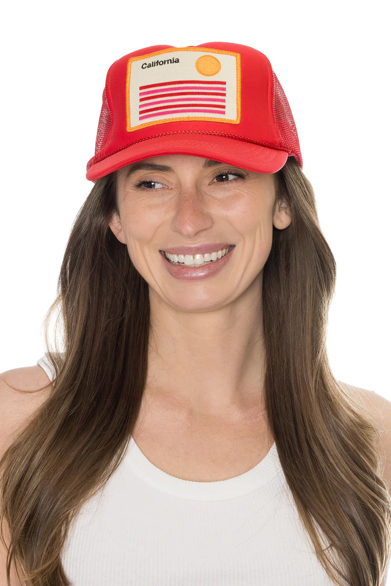FRIDAY FEELIN - CALIFORNIA STRIPED TRUCKER HAT RED