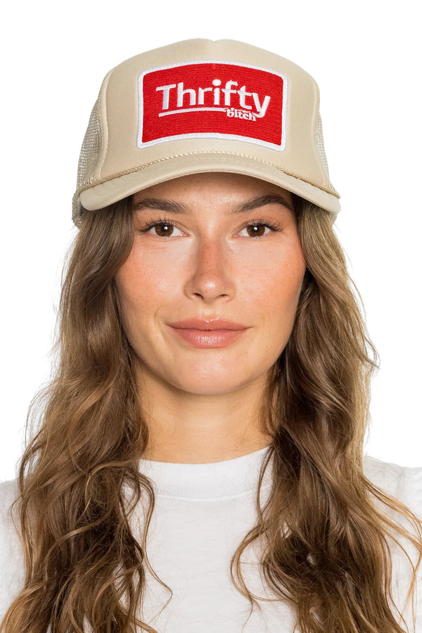 FRIDAY FEELIN - THRIFTY BITCH TRUCKER HAT TAN