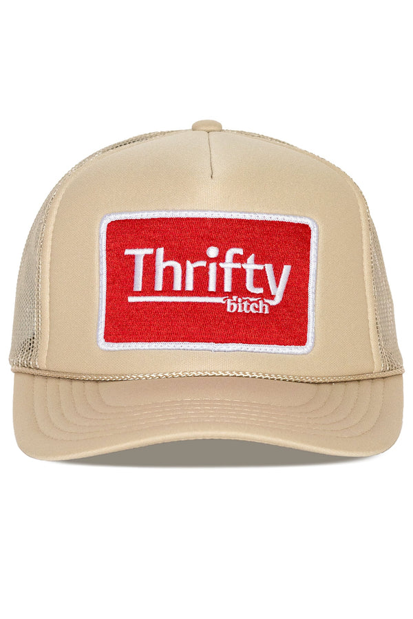 FRIDAY FEELIN - THRIFTY BITCH TRUCKER HAT TAN