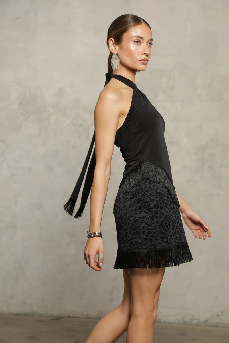 NIGHTCAP - LOTUS FRINGE HALTER MINI DRESS BLACK