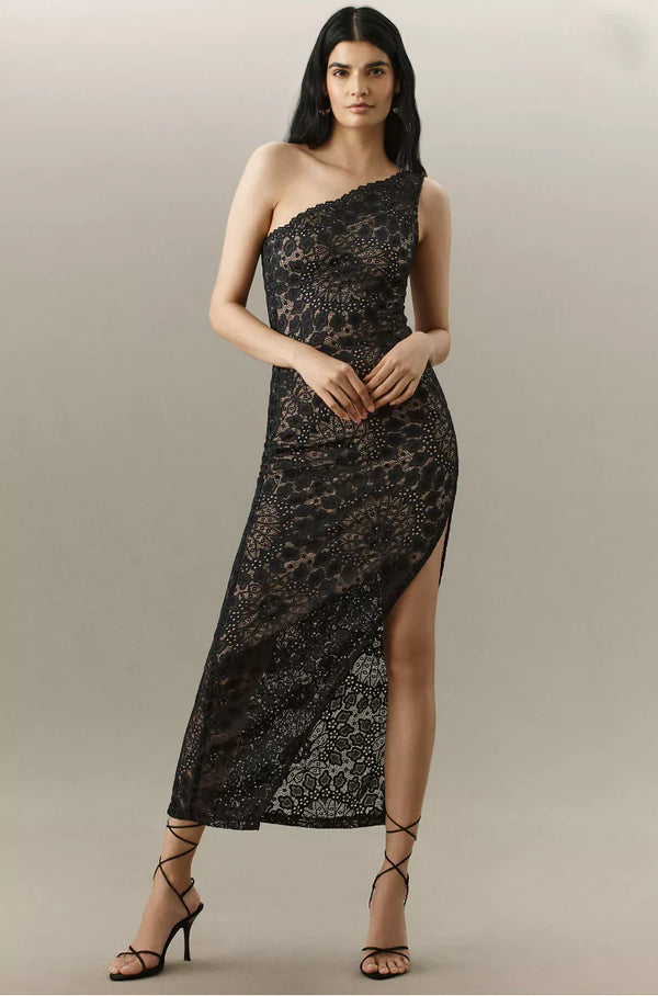 NIGHTCAP - LOTUS LACE ONE SHOULDER MAXI BLACK