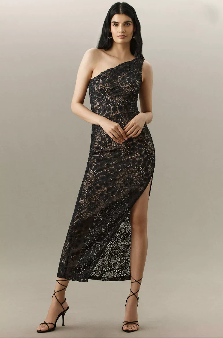 NIGHTCAP - LOTUS LACE ONE SHOULDER MAXI BLACK
