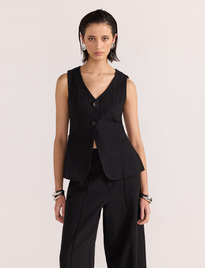 STAPLE THE LABEL - ATHEN LONGLINE LINEN VEST BLACK