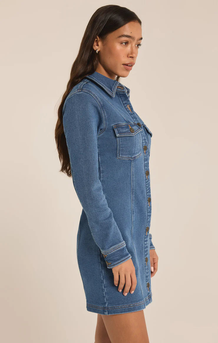 Z SUPPLY - CANDICE PERFECT KNIT DENIM MINI DRESS VINTAGE INDIGO