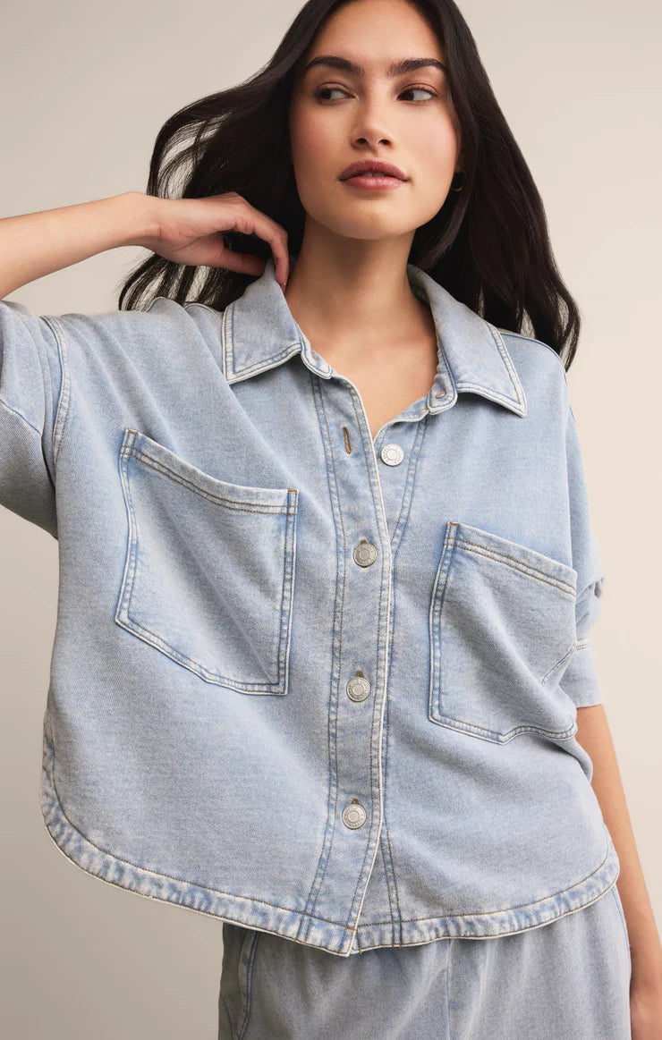 Z SUPPLY - ALL DAY CROPPED KNIT DENIM JACKET WASHED INDIGO