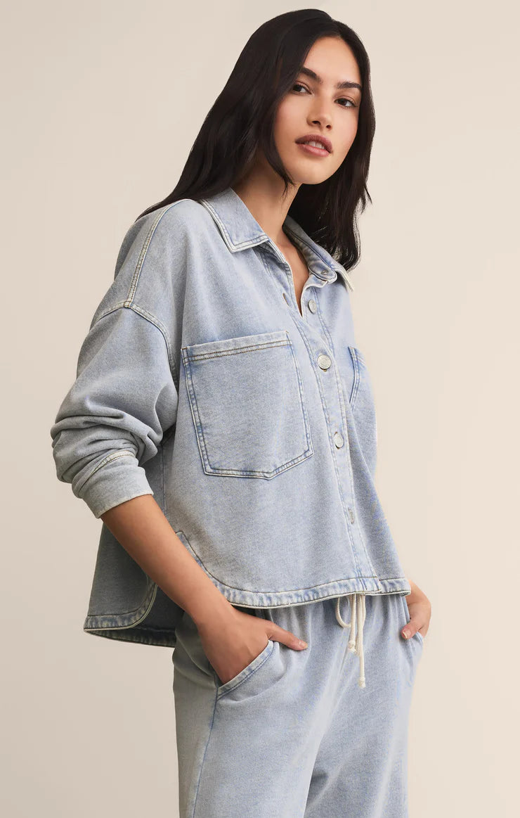 Z SUPPLY - ALL DAY CROPPED KNIT DENIM JACKET WASHED INDIGO