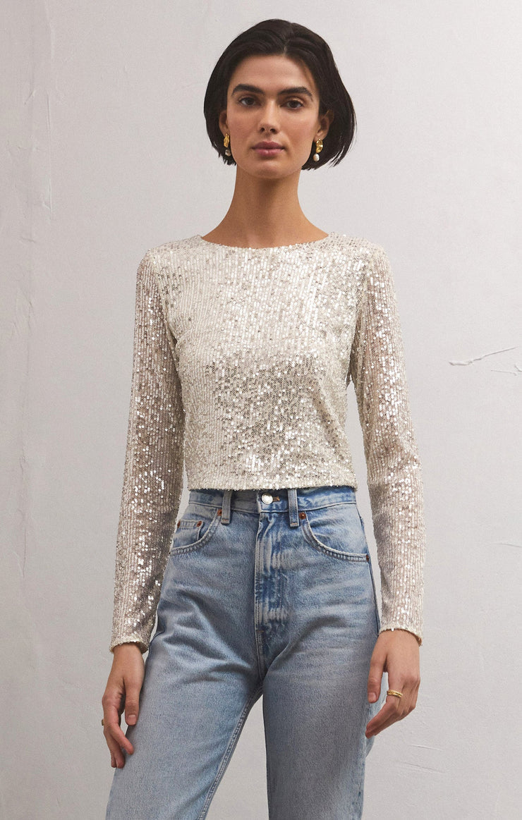 Z SUPPLY - AURORA SEQUIN CROPPED LONG SLEEVE TOP STARDUST
