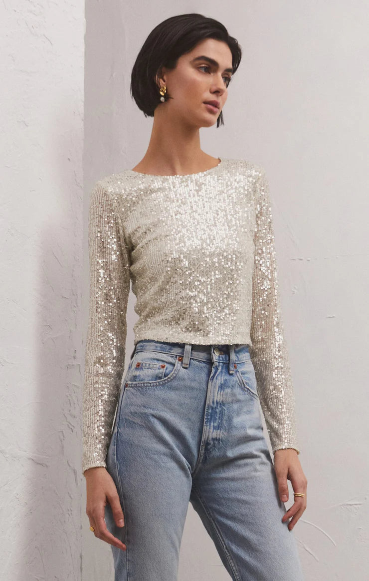 Z SUPPLY - AURORA SEQUIN CROPPED LONG SLEEVE TOP STARDUST