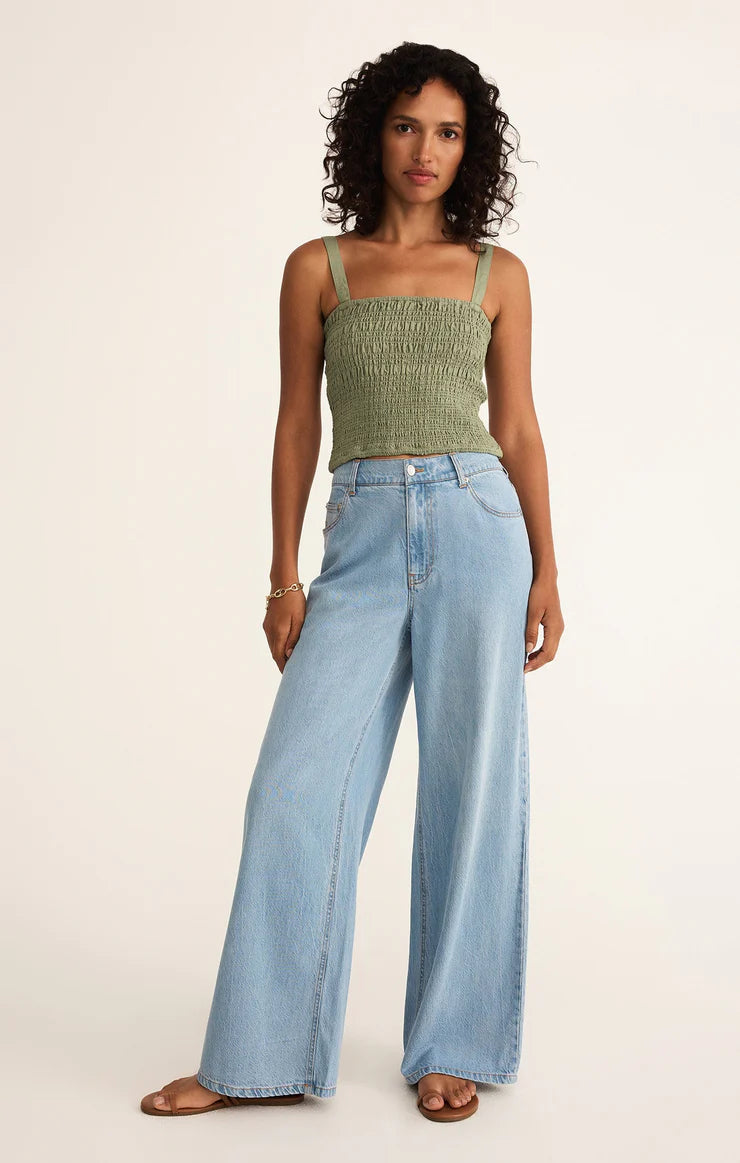 Z SUPPLY - AMELIE SMOCKED LINEN CROP TANK AVOCADO