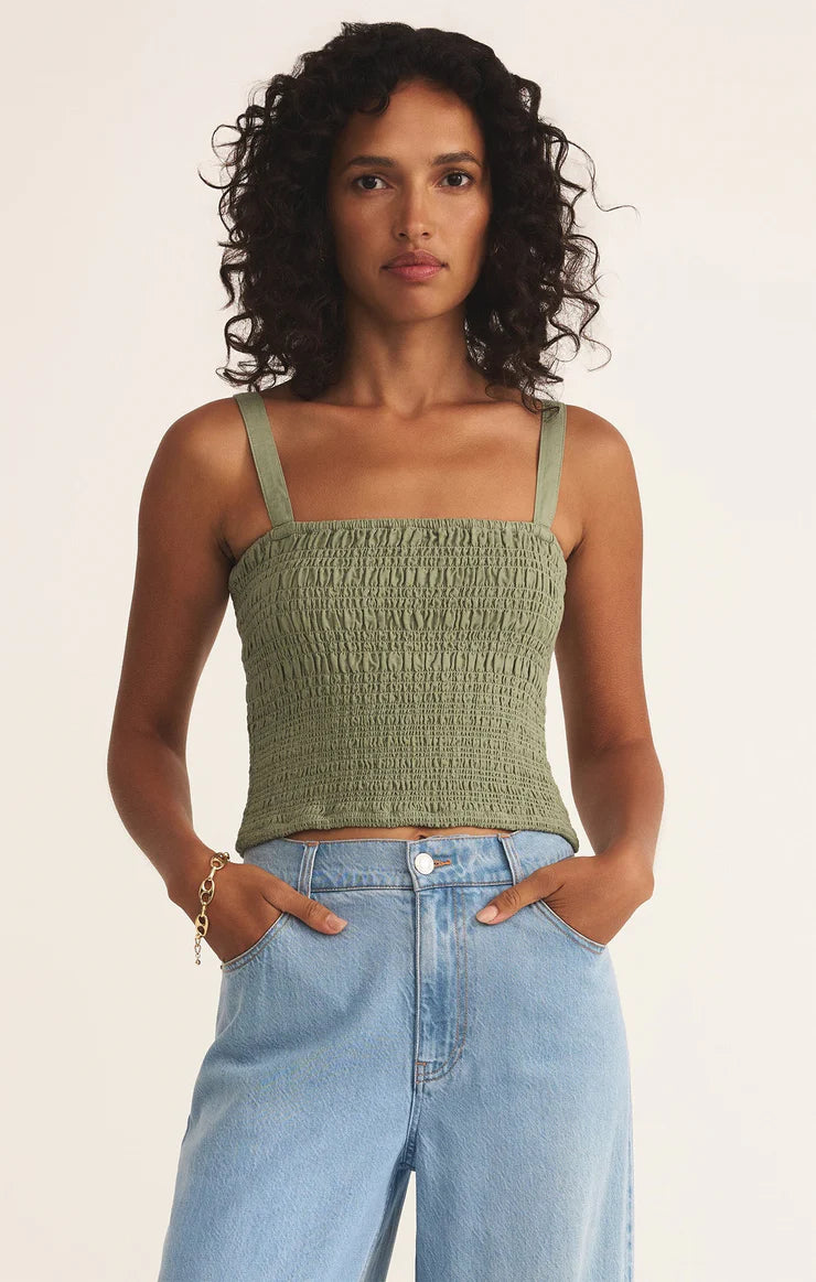 Z SUPPLY - AMELIE SMOCKED LINEN CROP TANK AVOCADO