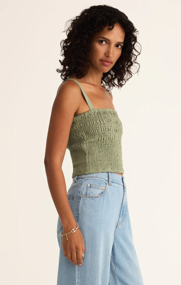 Z SUPPLY - AMELIE SMOCKED LINEN CROP TANK AVOCADO