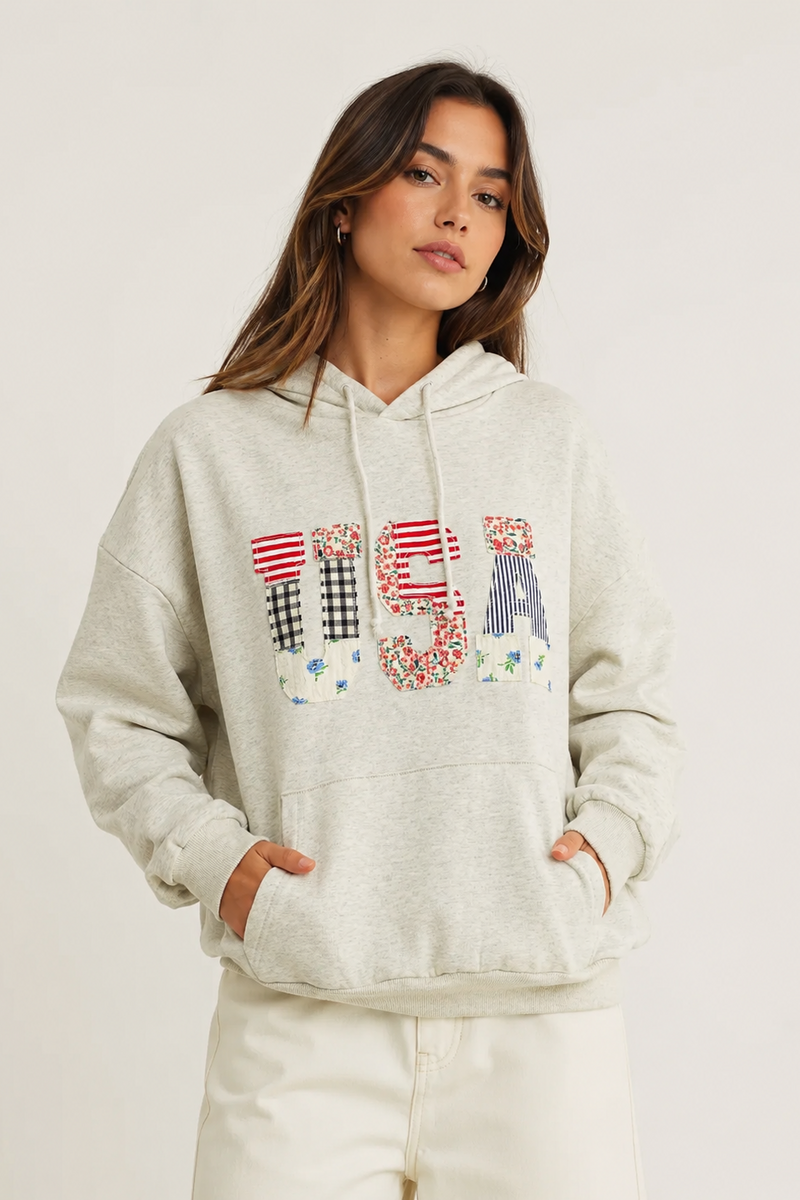 SWIRL EXCLUSIVE - USA HAND STITCHED PATCHWORK HOODIE LIGHT OATMEAL