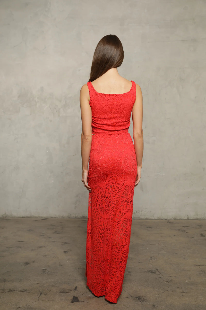 NIGHTCAP - HIGH SLIT LACE MAXI SKIRT HOT CORAL