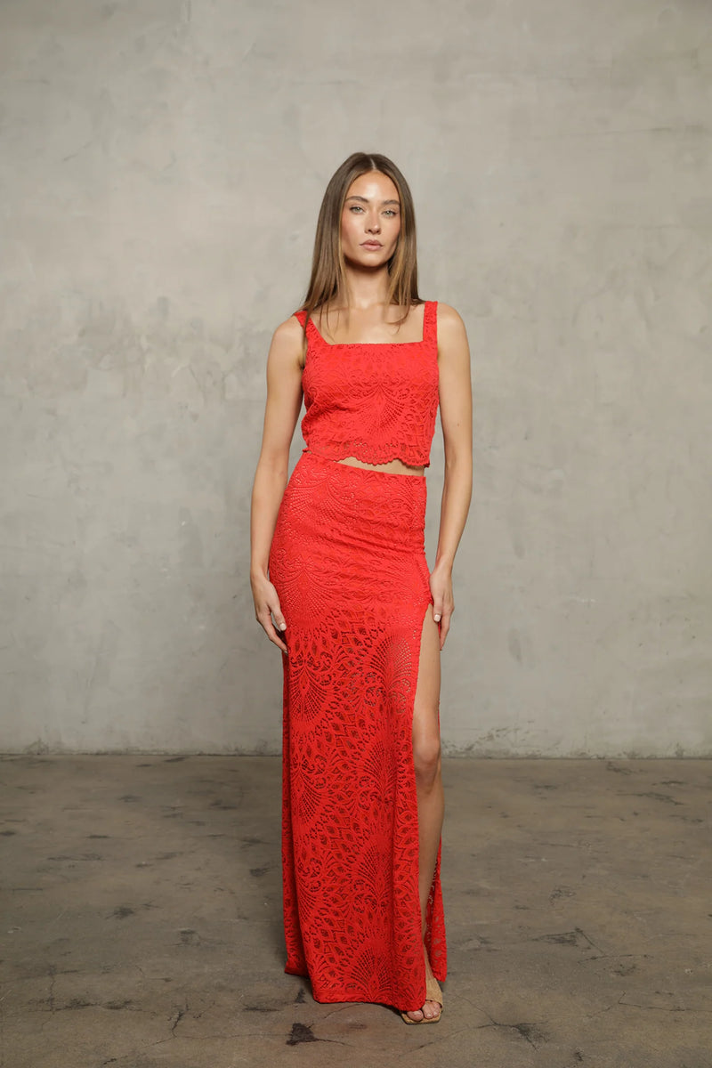 NIGHTCAP - HIGH SLIT LACE MAXI SKIRT HOT CORAL