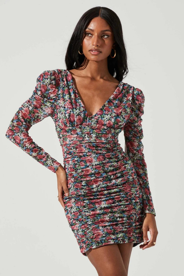 ASTR THE LABEL - BRISTOL FLORAL RUCHED LONG SLEEVE MINI DRESS
