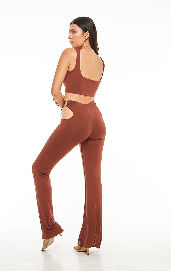 INDAH CLOTHING - SHAKIRA SOLID PANT WITH CUT OUT RING DETAIL CAFE